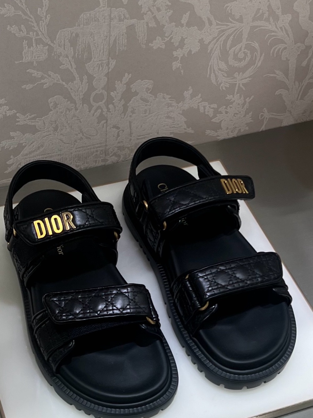 Dior Black Quilted Leather Logo Strap Sandals with Gold Hardware